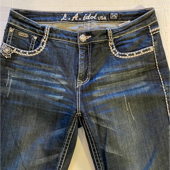 LA IDOL JEANS 15 ROSE Flair LEG JEANS RHINESTONES 5-POCKET ZIPFLY - Picture 12 of 16